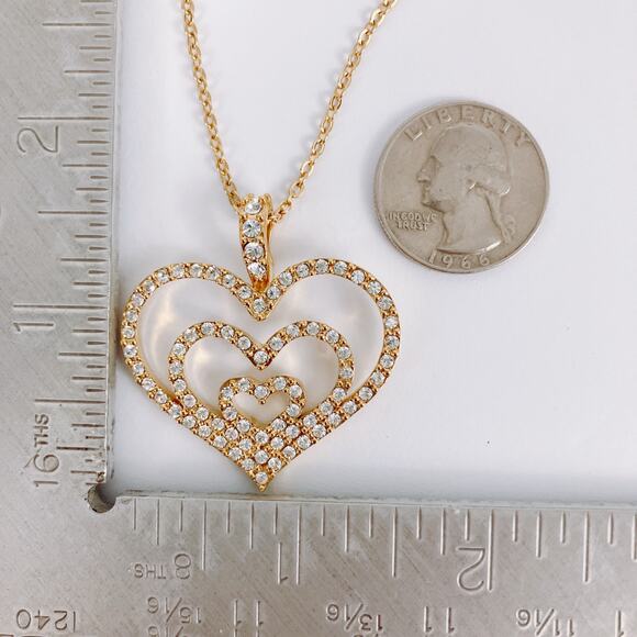 Signed Nolan Miller Gold Tone Triple Heart Rhinestone Pendant Necklace Vintage - Picture 10 of 12